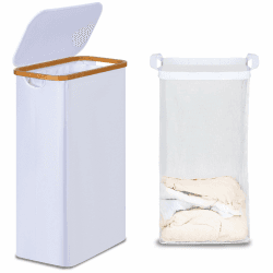 efluky Wäschekorb mit Deckel 75L, Schmal Wäschekorb mit Waschbarer Innentasche, Weiß Wäschebehälter mit Bambusgriffen, Faltbare Wäschekörbe für Waschküche, Schlafzimmer, Badezimmer