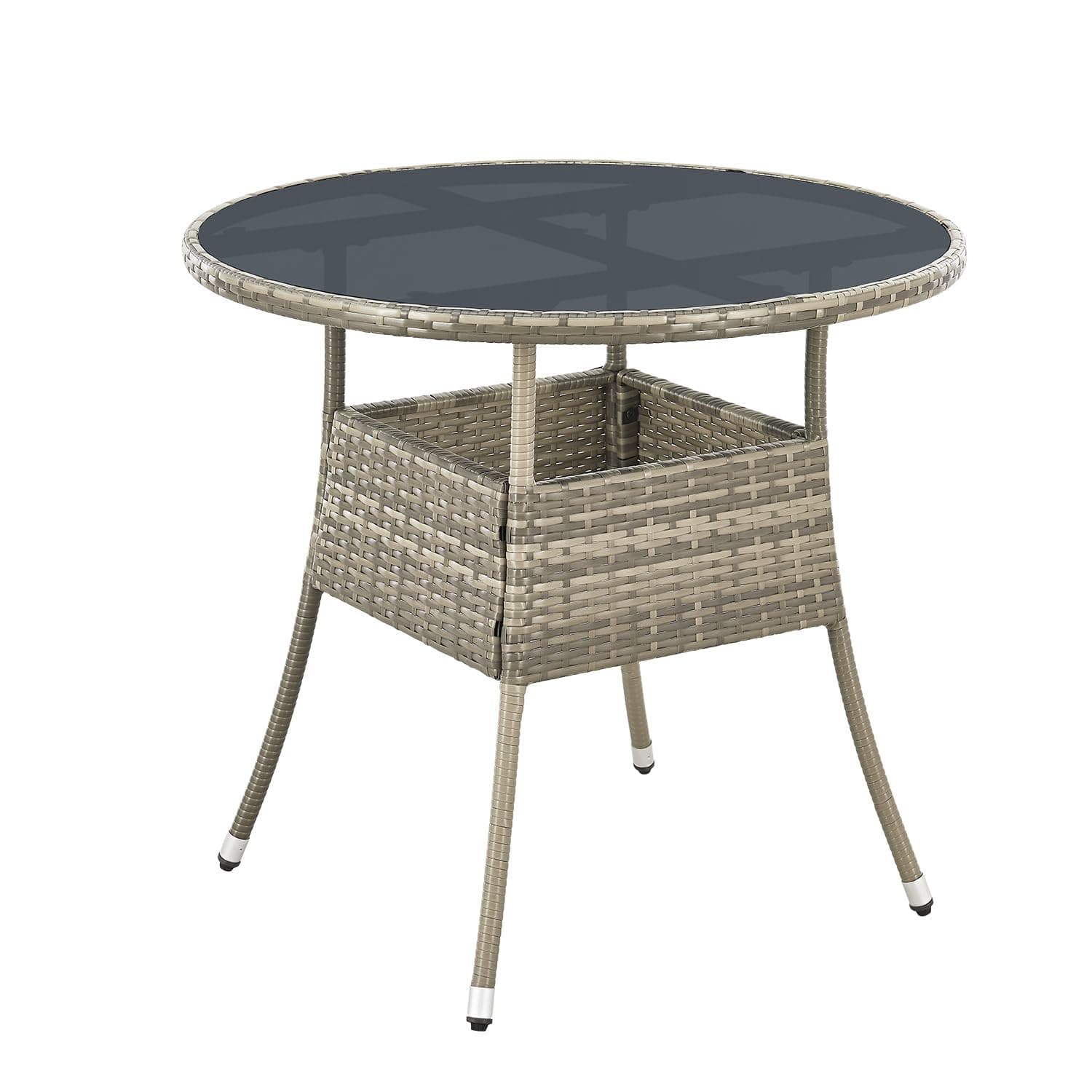 Juskys Polyrattan Gartentisch Yoro wetterfest - Balkontisch Ø 80 cm rund - Rattan Beistelltisch mit Glasplatte - Kleiner Tisch für Balkon - Grau