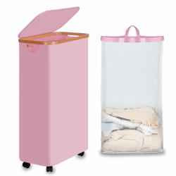 efluky Wäschekorb mit Rollen, 75L Faltbarer Wäschekorb mit Deckel, Rosa Schlanker Wäschebehälter mit Bambusgriffen und abnehmbarem Beutel für Schlafzimmer, Bad, Waschküche