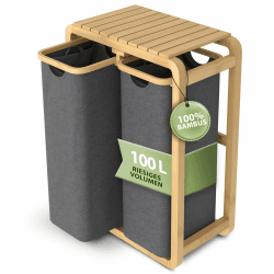 AMBIAVO® Wäschesammler 2 Fächer grau – Platzsparendes Design – 50L pro Fach - Stabile Bambuskonstruktion – Ablagefläche – Herausnehmbare, waschbare Wäschesäcke