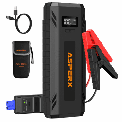 ASPERX Starthilfe Powerbank 4000A, Tragbare Auto Starthilfe für 12V-Fahrzeuge (bis zu Alle Benzin oder 10L Diesel) mit LED Taschenlampe, Starthilfekabel und 1,4 Zoll LCD Bildschirm