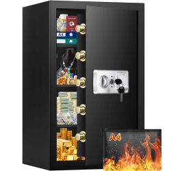 Mejasg 100L Extra Großer Safe Tresor Feuerfest mit Feuerfeste Dokumententasche&3 Herausnehmbares Regal, Robuster Möbeltresor mit Alarmanlage, Schranktresor für Zuhause Bargeld Medikamente A4 Dokumente