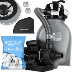 KESSER® Sandfilter Sandfilteranlage + 700g Filterbälle ersetzen 25kg Filtersand-Poolfilter 10 m³/h Filteranlage Filterkessel für Pool Schwimmbecken 4-Wege Ventil, einfache Steuerung, Inkl. Cover, Grau
