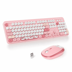 SOLIDEE kabellose Tastatur- und Maus-Kombination,Retro-Schreibmaschinen-Tastatur,2.4GHz runde Tastenkappe Tastatur mit Ziffernblock,104 Tasten ergonomische Tastatur(Amerikanisch QWERTY)(Bear Pink)