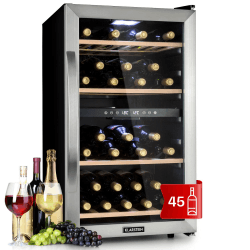 Klarstein Weinkühlschrank, Getränkekühlschrank Schmal, Kühlschrank mit Glastür, Getränkekühlschränke Freistehend, Weinkühlschrank Klein, Weinkühlschränke 2 Zonen, UV-Schutz, 5-18 °C, 45 Flaschen