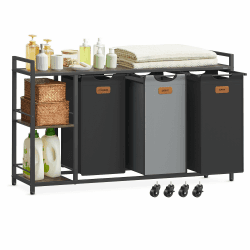 VASAGLE Wäschekorb 3 Fächer, Wäschesammler 150 L, Wäschesortierer, Rollen, Wäschewagen mit Ablagen, Wäschesack, mit abnehmbaren Taschen, 6 Etiketten, kastanienbraun-tintenschwarz-taubengrau BLH312B01