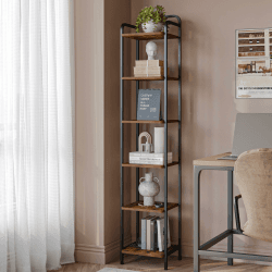 Hzuaneri Bücherregal, Regal, Standregal, Schmales Bücherregal, Industrielles Eckregal, Schlankes Regal für Heimbüro, Wohnzimmer, Schlafzimmer, Küche, 6 Ebenen Vintagebraun-Schwarz BC24601B