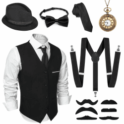 Alintor 20er Jahre Kostüm Herren, FaschingsKostüme Männer, Mafia Karneval Kostüm Herren, Peaky Blinders Kostüm, 20er Jahre Accessoires Panama Hut Weste Krawatte Fliege Hosenträger Herren Kostüm Set