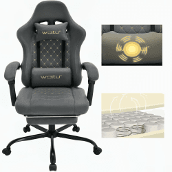 WOLTU Gaming Stuhl mit Massagefunktion, Computerstuhl mit Taschenfederkissen, Gamer Sessel ergonomisch, Drehstuhl mit Kopfkissen, Lendenkissen, Fußstütze, 150 kg, Tech-Stoff, Grau + Gelb, GS07gr