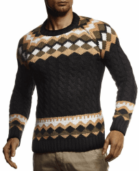 Leif Nelson Herren Strickpullover Norwegerpullover Pullover mit Rundkragen Winterpullover Männer Pulli für Weihnachten Winter Norweger Muster Slim Fit Crew Neck LN20757 XL Schwarz