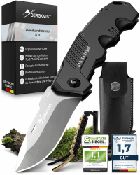 BERGKVIST® K10 Klappmesser (Zweihandmesser) - scharfes Taschenmesser für Outdoor & Survival mit Feuerstahl & Tasche - Mitführen in Deutschland erlaubt - Stahlglanz