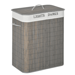 HOMCOM Bambus Wäschekorb schmal mit Deckel 100L Wäschesammler mit Griffen, 2 herausnehmbarer Wäschesack, Laundry Baskets Wäschebox für Waschküche, Schlafzimmer, Badezimmer Grau