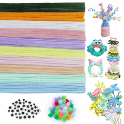 VntMQP 180 Stück 100 Chenilledraht Pfeifenputzer/40 kulleraugen selbstklebend/40 PomPons,30cm x 6mm pfeifenreiniger,Pipe Cleaner für DIY Projekte (10Macaron)