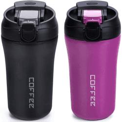 XIAPIA Thermobecher Kaffeebecher To Go 400ml 2er Set, Edelstahl Auslaufsicher Reisebecher mit Strohhalm, Doppelwandig Isolierbecher für Kaffee Tee Glühwein, Heiß und Kalt (Schwarz & Llila)