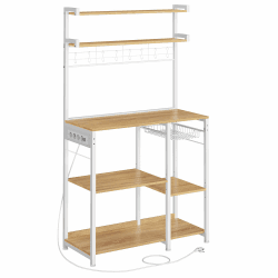VASAGLE Küchenregal, Standregal mit Steckdosen, Kaffeebar, Bäckerregal, 8 S-Haken, mit Korb, Gewürzregal, 40 x 90 x 165,5 cm, goldeichenfarben-wolkenweiß KKS031Y19