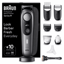Braun Barttrimmer, Bartschneider/Trimmer/Haarschneider Herren, Haarschneidemaschine Profi, 40 Einstellungen, Ladestation, Reiseetui, Bartschablone, 180 Min. kabellose Laufzeit, BT9420