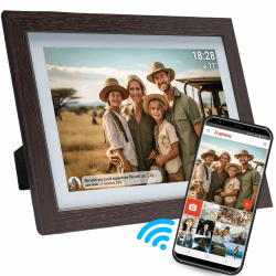 Denver PFF-1042DW Digitaler Wi-Fi Bilderrahmen – 10,1 Zoll IPS HD Touchscreen, FRAMEO Software, Drahtloses Teilen, Timer-Funktion, Eichenholzrahmen dunkel