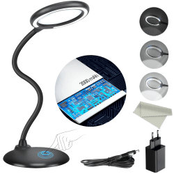 Wiederaufladbare 5-fache Vergrößerungs-Schreibtischlampe, dimmbare Lupe mit Licht und Ständer, dimmbare Hand-Touch mit 28-teiliger LED-Leuchte für Arbeit, Lesen, Hobbys, Nähen, Basteln - Schwarz