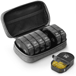 AUVON Canvas Tasche Tablettenbox , Morgens Abends, Medikamentenbox 7 Tage 2 Fächer mit tragbarer Stofftasche mit Reißverschluss für die Nahrungsergänzungsmittel, Vitamine und Fischöle(Grau)