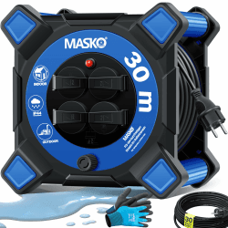 MASKO® Kabeltrommel 30m | Verlängerungskabel mit Schutzkontaktsteckdosen & Wickelgriff | Outdoor Kabelaufroller Thermoschutz | Gerätetrommel IP44 1000W ~ 3000W | inkl. Tragegriff und Montagehandschuhe