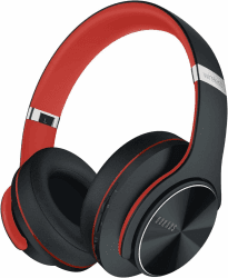 DOQAUS Bluetooth Kopfhörer Over Ear, Bis zu 90 Std Kabellose Kopfhörer mit 3 EQ-Modi,HiFi Stereo Faltbare Headset mit Mikrofon,weiche Ohrpolster für iPhone/ipad/Android/Laptops(Rot-Schwarz)