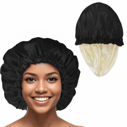 Tyqour Schwarz Seidenhaube zum Schlafen Atmungsaktive Schlafmütze Satin Bonnet Weiche Silk Bonnet Sleep Cap Satin Haarhaube für Die Nacht, Schlafhaube Seide Mit Gummizug für Damen Mädchen Herren
