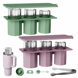 2er-Pack Eiswürfelform Silikon für Thermobecher, 3 Fach Eiswürfelbehälter, EiswüRfelform Silikon, BPA Frei,Silikon Eiswürfelform mit Deckel, Eiswürfel Form für 30-40 Oz Becher (Grün/Lila)