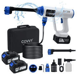Akku-Hochdruckreiniger, COVVY 725PSI Tragbarer Hochdruckreiniger mit 2-Batterie, Schaumgenerator, 10m Schlauch, Schlauchanschluss, Filter, 6-in-1 Düse, Jet Washer für Auto, Boden, Gartenreinigung (wei