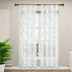 WOLTU 2er Set Gardinen transparent Blumen Stickerei mit Kräuselband Leinen Optik, Doppelpack Vorhang Stores Voile Fensterschal Dekoschal für Wohnzimmer Schlafzimmer, 140x175 cm, Grau