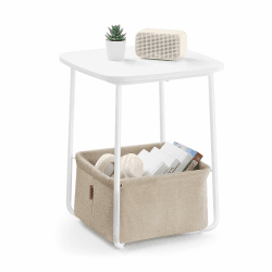 VASAGLE Beistelltisch quadratisch, Kleiner Tisch, Couchtisch klein, Wohnzimmertisch, Korb aus Stoff, Stauraum für Wohnzimmer Schlafzimmer, Nachttisch modern, mattweiß-Kamelbraun LET229W10