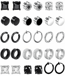 15Paar Magnet Ohrringe Herren Damen Edelstahl Creolen CZ Magnet Nicht Durchdringende Clip Magnet Ohrstecker Clips Nickelfrei Tunnel Ohrclips Non Piercing Ohrringe Set Silber Schwarz