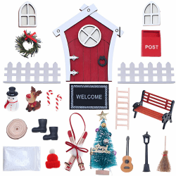 Yhuasia Wichteltür Weihnachten Set, Wichtel Zubehör Weihnachten Set, Nachts Leuchtende Wichteltür Set, Weihnachtswichtel Tür Set, Elfentür Holz, mit Miniatur Briefkästen, Stiefel, Kranz, Feentür Set