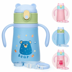 Hawthyhome Edelstahl Trinkflasche Kinder Strohhalmbecher Baby 355ml Trinkflasche mit Strohhalm Kiddy Cup Thermosflasche Auslaufsicher, BPA Frei, Kinderbecher, Blauer Bär Muster
