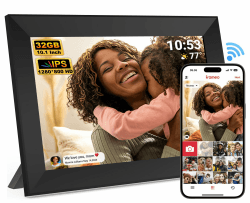 Frameo 10,1 Zoll WiFi Digitaler Bilderrahmen, 1280 x 800 HD-Bilderrahmen, IPS-Touchscreen-Rahmen, 32 GB Speicher, automatische Drehung, Schreibtisch oder Wandmontage, teilen Sie Videos und Fotos