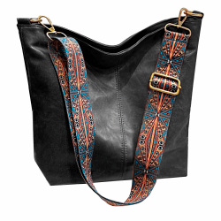 HAIWILL Umhängetasche Damen Große Crossbody Bag Damen mit Breiter Gurt Leder Hobo Bag Shopper Tasche Retro Schultertasche Handtasche für Alltag, Büro, Schulausflug und Einkauf Mittelgroß- Schwarz