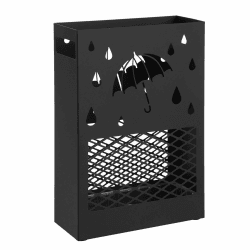 SONGMICS Regenschirmständer aus Metall, Schirmständer, rechteckig, mit einer herausnehmbaren Wasserauffangschale, 4 Haken, Cutout-Design, für den Flur und das Büro, schwarz LUC004B01