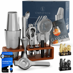 EMPATION Cocktail Set [TESTSIEGER] 825ml Boston Cocktail Shaker aus Edelstahl, leicht zu öffnen & kein Verklemmen, Profi Cocktail Shaker Set mit Ständer & Rezeptbuch, Cocktail Mix Set für Barkeeper