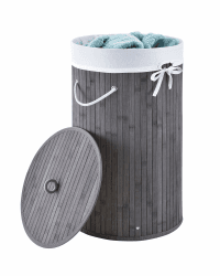Juskys Bambus Wäschekorb Curly-Round Grau 55L - Hygienischer & Faltbarer Wäschekorb mit Deckel, Tragegriff & Wäschesack - Natürliche Bambus Optik