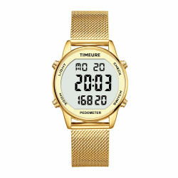 TIMEURE Damen Schrittzähler Uhr, Stilvolles Design, gut ablesbar, zeichnet Kalorien, Schritte, Kilometerstand, Countdown und Alarm auf, mit Hintergrundbeleuchtung, TU-2401 Gold