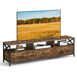 VASAGLE TV-Schrank, Lowboard für Fernseher bis zu 80 Zoll, 178 cm lang, Fernsehtisch mit 3 Schubladen, 3 offenen Fächern, 40 x 178 x 50 cm, Wohnzimmer, Stahlgestell, vintagebraun-schwarz LTV302B01