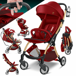 KIDIZ® Kinderwagen Premium Kinderbuggy klappbar Liegebuggy Sportwagen Faltbar 360°Räder 5-Punkt Gurt Inkl. Getränkehalter & Regenabdeckung, verstellbare Rückenlehne & Sonnenverdeck Rot
