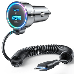Zigarettenanzünder USB C Adapter, 72W [DUAL CHIP] 3 Häfen PD3.0 & QC3.0 Schnell Kfz Ladegerät mit 1.5M Schnell Spiral Typ C Kabel, Auto ladegerät für iPhone 16/15, Samsung S24, usw.