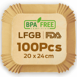 PORTENTUM Backpapier für Heißluftfritteuse 100 Stück, Einweg und ungebleicht. Geeignet für 5 bis 8 Liter. Lebensmittelechtes Backpapier, BPA-frei, FDA- und LFGB-zertifiziert