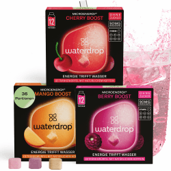 waterdrop® Microenergy Set, Energy Drink Pulver, 36 Würfel Getränkepulver, Mango, Kirsche & Brombeere Geschmack, Zuckerfrei & Kalorienarm, Mit 90 mg Natürlichem Koffein, Vitamin C & B – Flavour Drops