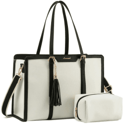 LOVEVOOK Laptop Handtasche Damen 15,6 Zoll Tote Shoulder Crossbody Bag Groß Canvas Shopper Tasche Elegante Schultertasche Aktentasche Arbeitstasche Lehrertasche für Büro Business Work Reise Freizeit 15.6 zoll Weiß Schwarz