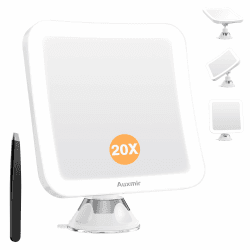 Auxmir Kosmetikspiegel mit Licht, 20-Fach Vergrößerung, LED Beleuchtet Vergrößerungsspiegel Schminkspiegel, Kräftigem Saugnapf und 360° Drehbar, Rasierspiegel für Reise Badezimmer, Quadratisch