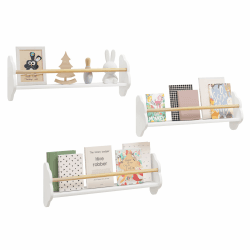 WOLTU Kinder Bücherregal Wandregal, Kinderzimmerregal mit 3 Ablagen, Kinderregal für Buchaufbewahrung, aus Kiefernholz MDF, für Kinderzimmer Spielzimmer, Weiß