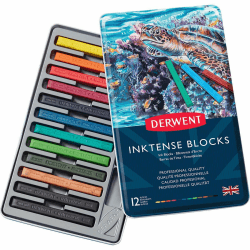 Derwent Inktense 12 Tintenblöcke, Set mit 12 Wasserfarben, Breite 8 mm, wasserlöslich, ideal zum Zeichnen, Ausmalen, Basteln und Malen auf Papier und Stoff, professionelle Qualität (2300442)