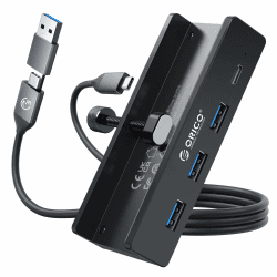 ORICO USB Hub, Aluminum USB 3.0 Hub Clip mit 5V Stromversorgungsanschluss, 5Gbps 4 Port USB Verteiler mit 3 USB-A 3.0 und 1 USB-C 3.0, 100cm Kabel (C auf A/C), für Monitoren, Schreibtischen