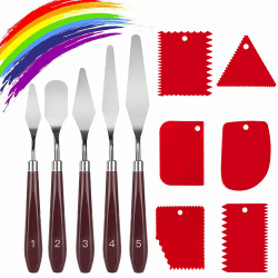 11 Stück Palettemesser Set, 5 Stücke Malmesser Spachtel und 6 Stücke Plastikschaber Abstreifermesser Acrylmalerei Malspachtel Künstlerbedarf für Lgemälde, Gouache, Aquarell, Felsmalerei (Rot)